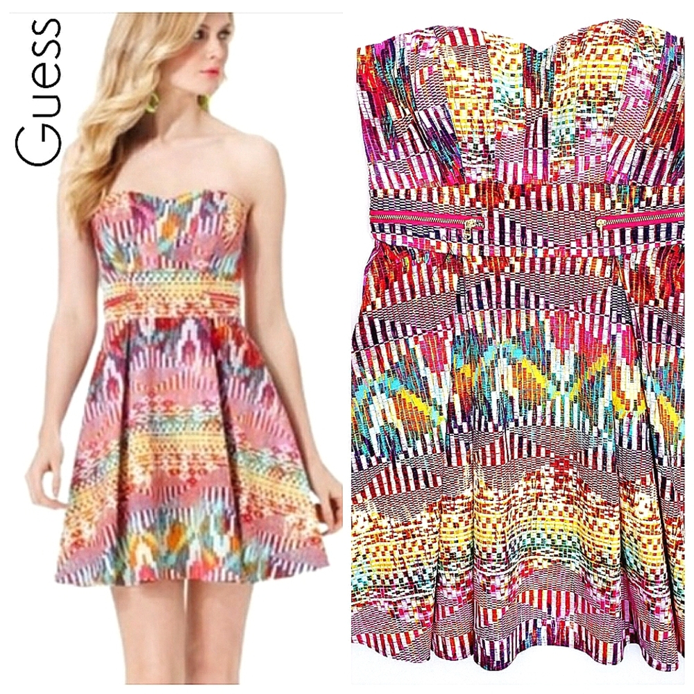 GUESS Multicolor Nwot Geometric Print Strapless Party Dress